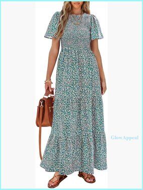 Flutter Sleeve Smocked Maxi Dress Tiered Boho Floral Summer Casual